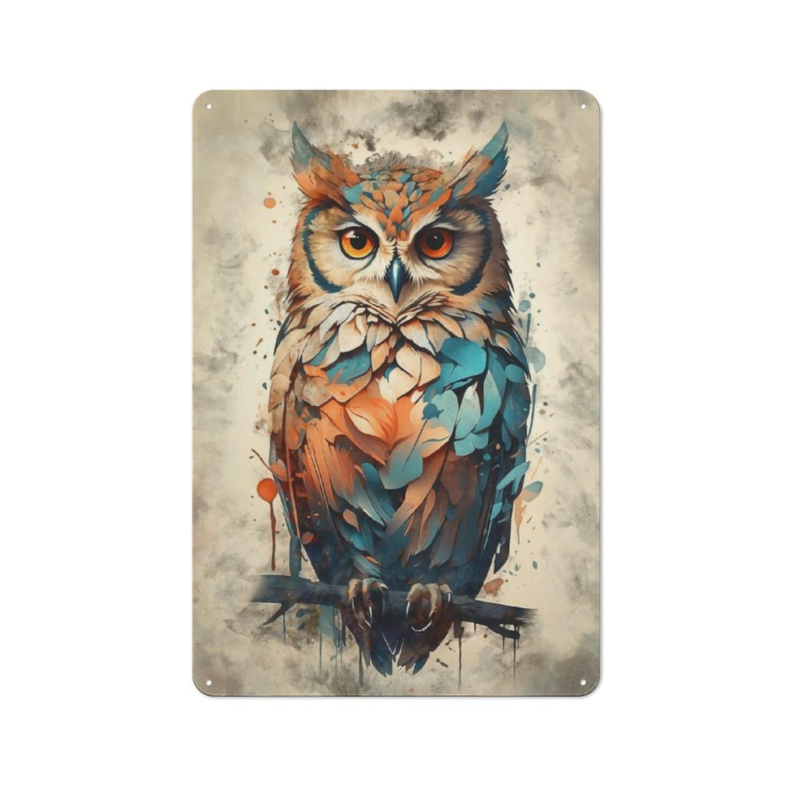 Junmoney Watercolor Owl Rustic Metal Plaque 30X20cm For Dining Room Or Kitchen, A Housewarming Gift For Dining Room Decor Fans