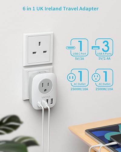 Vista 35 de VINTAR - Adaptador de enchufe de viaje europeo, adaptador de enchufe de alimentación internacional con 1 USB C, 2 salidas de EE. UU. y 3 puertos