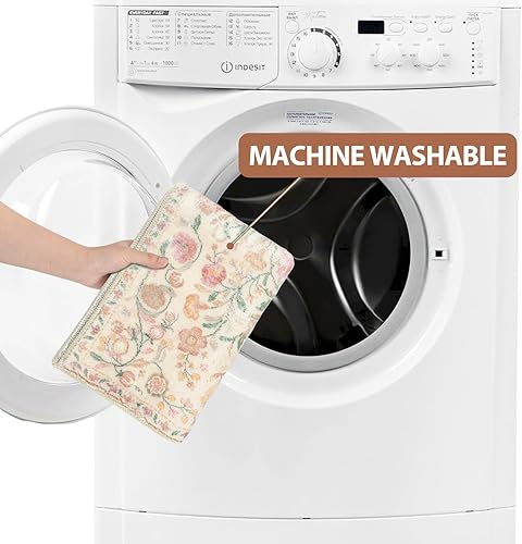 Miniatura 5 de Uphome Alfombra de baño larga con estampado floral beige, suave, antideslizante, lavable a máquina, estilo bohemio, estético, para baño, fregadero,