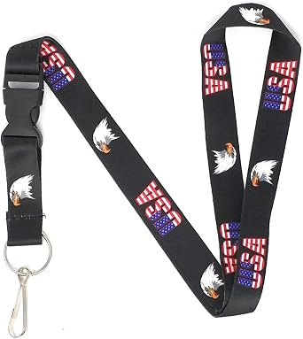American Flag Lanyard Keychain and ID Holder with Detachable, Breakaway Buckle for Keys or Badge | Durable Black Polyester | Patriotic Novelty Necklace
