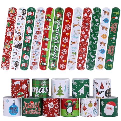 TAOVEN 48PCS Christmas Slap Bracelets Xmas Slap for Christmas Party Favor Decoration (green white red)