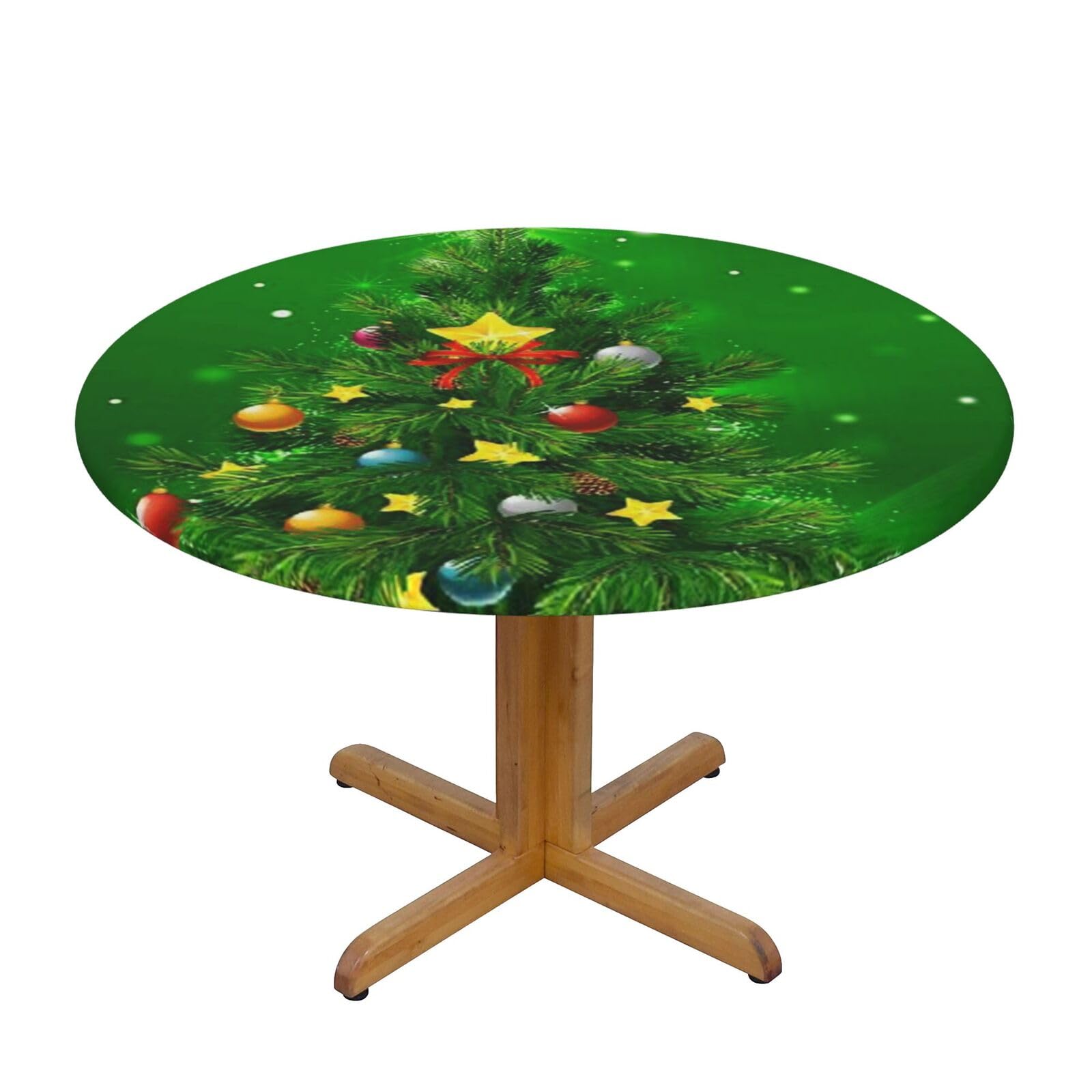 Ffshkowe Christmas Trees Elastic Round Tablecloth Oil Proof Table Cover For Dining Party Picnic