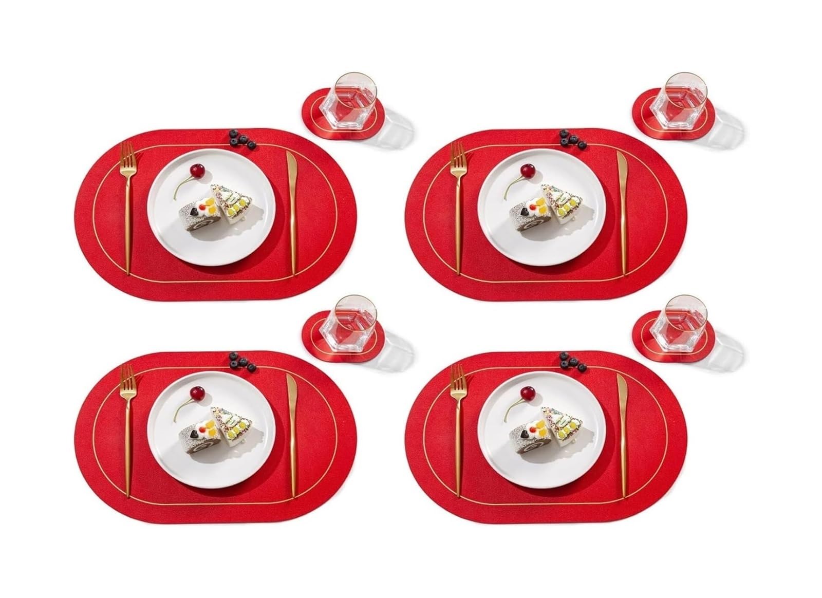 Juego de manteles Individuales y Posavasos de Cuero Reciclado: 4 manteles Individuales ovalados y 4 Posavasos for Decorar la Mesa del Comedor (Rojo)(Red)