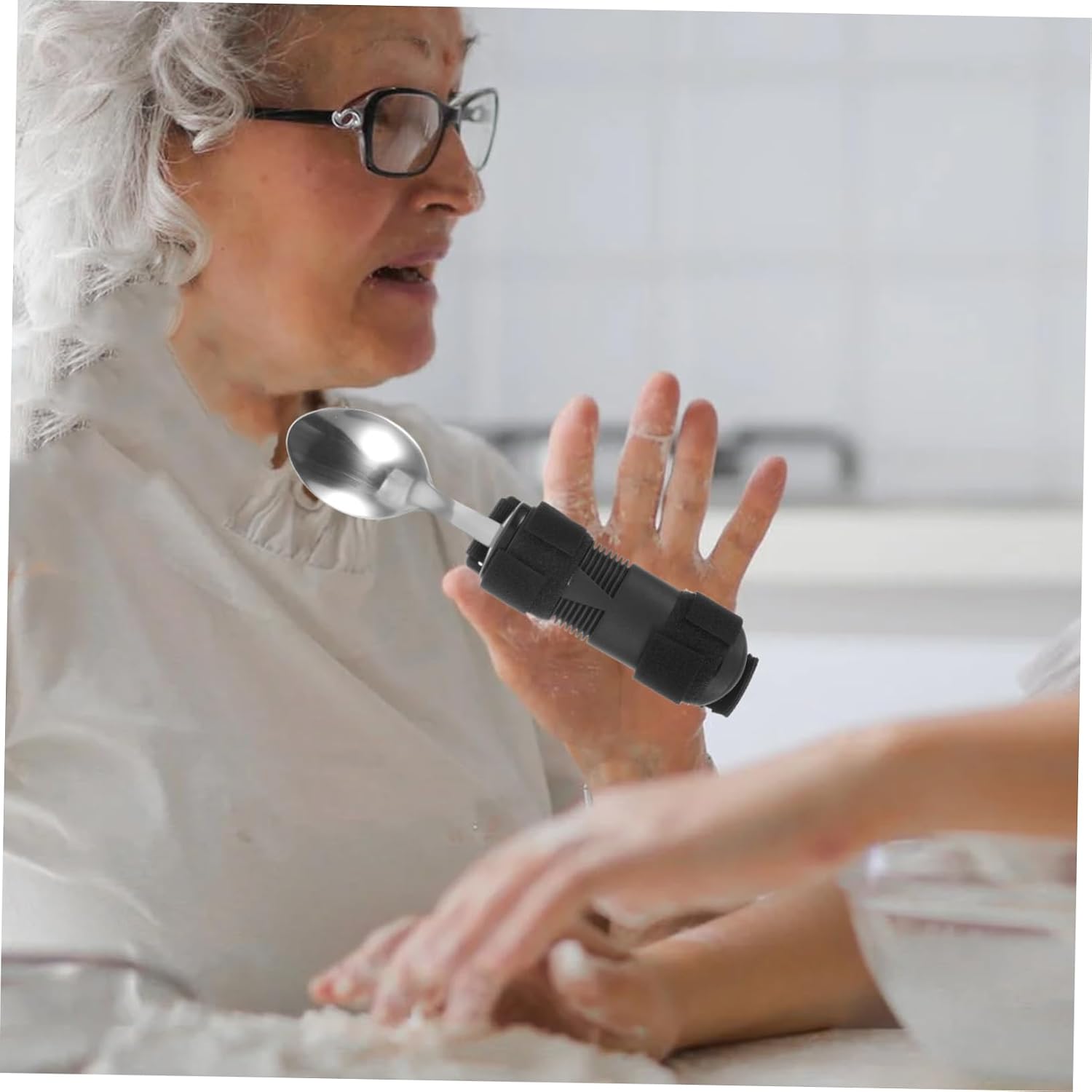 Adaptive Spoon with Handle for Elderly Disabled Skid Design for Hand Grip Strength Loss Lightweight Convenient Utensil with Cuff