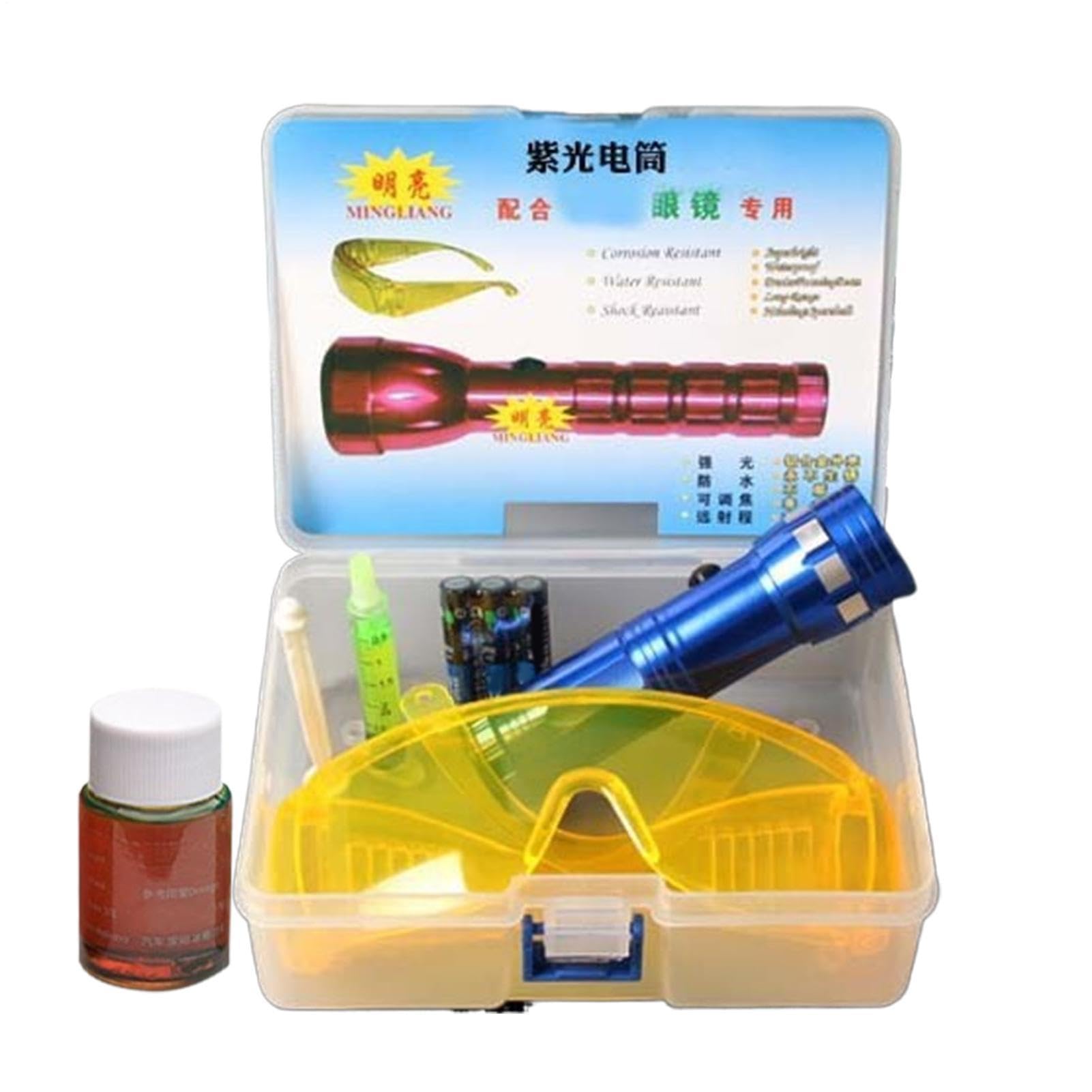 Kit Détecteur Fuite Climatisation – Lampe Torche UV Recherche Fissures | Fluide Coloré Traceur Étanchéité | Pour Auto Clim Réfrigérateur Congélateur, Lunettes Protection Incluses, Outil Haute Précisio