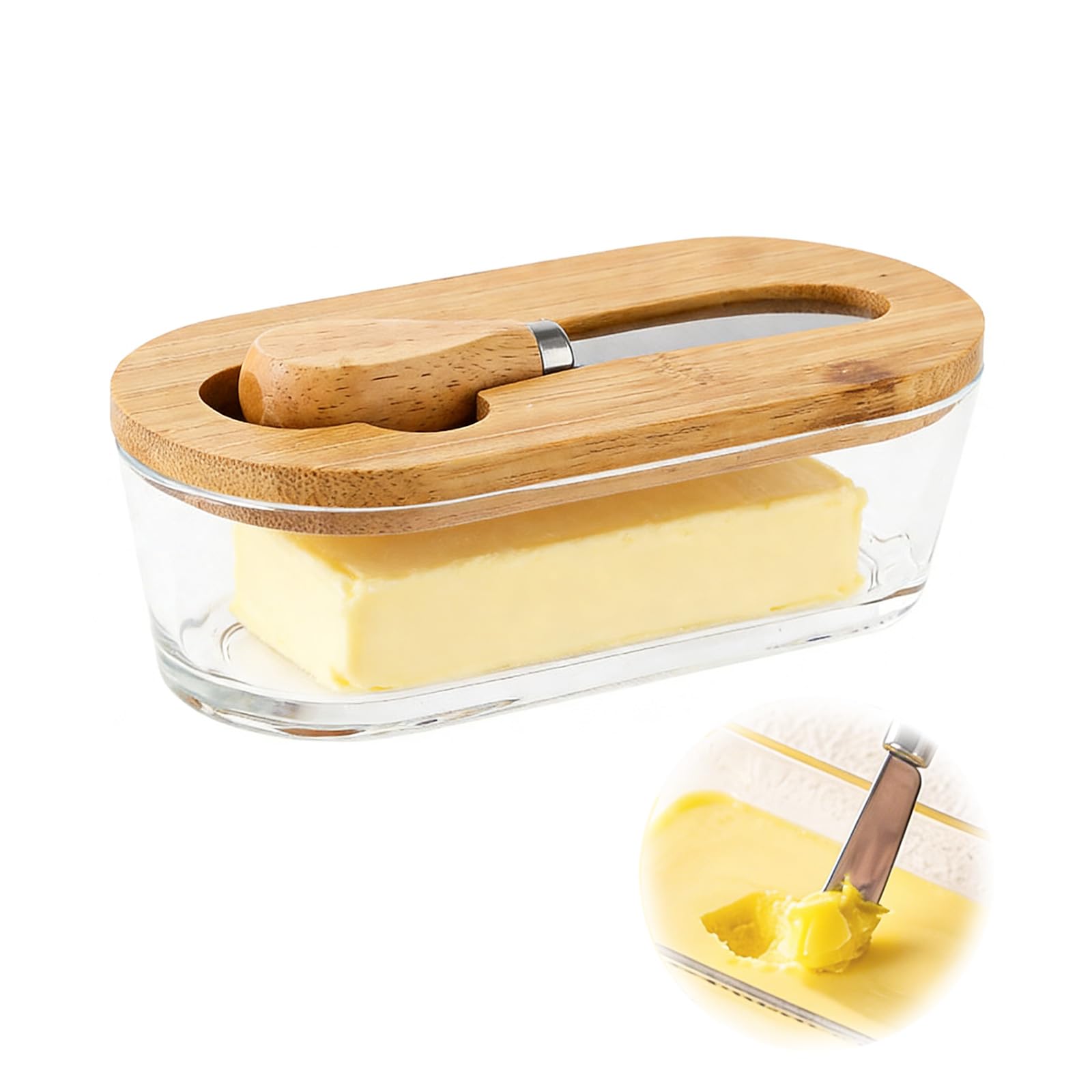 Glass Butter Dish with Wooden Lid, Oval Butter Keeper with Spreader