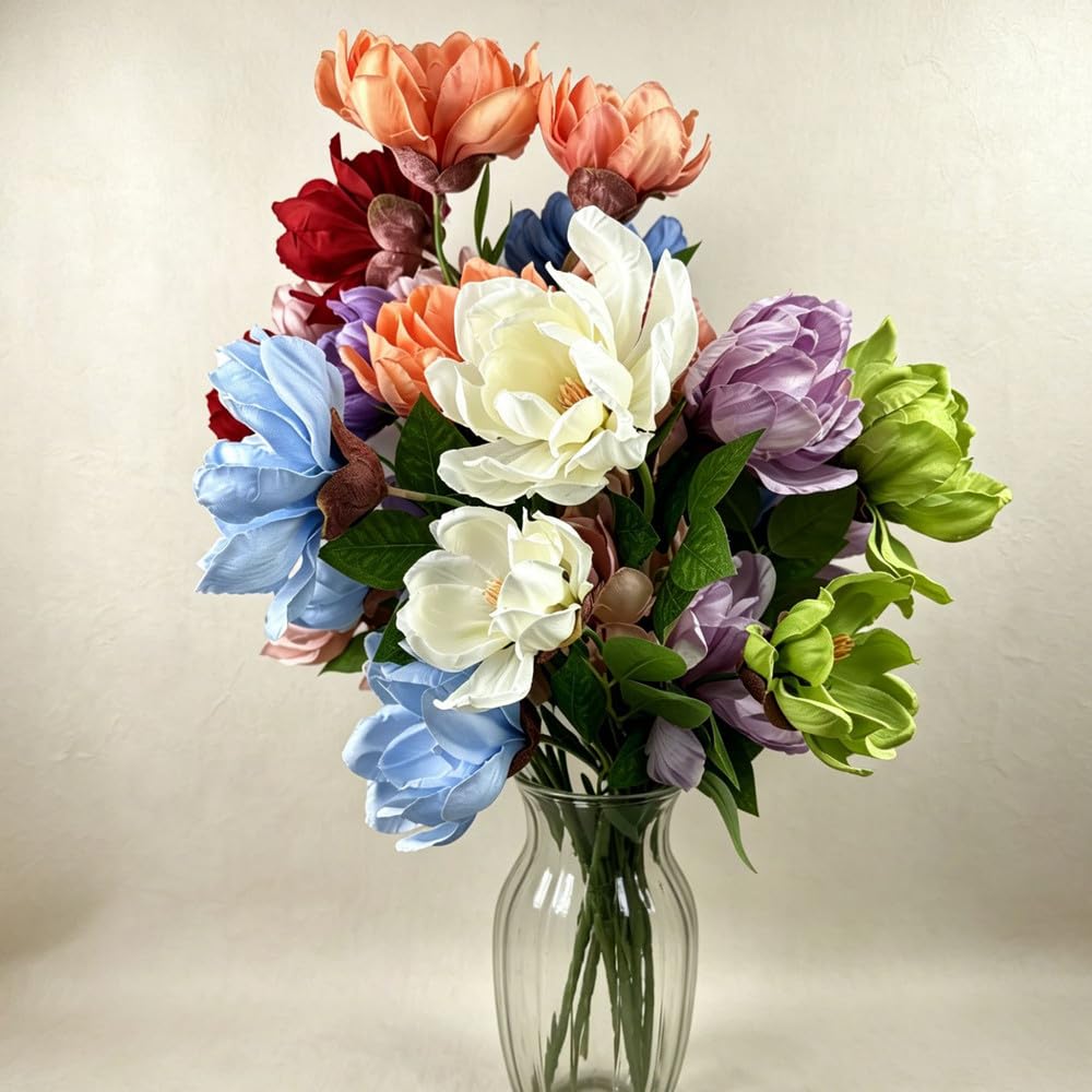 LIJUCAI 5 Pcs Artificial Flowers Silk Magnolia Bouquet Lifelike Fake Lotus Floral Arrangements Big Flower Stems Bulk for Home Table Centerpieces Wedding Party Decor,C1