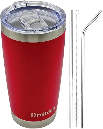 Droitdoit Vaso de acero inoxidable de 20 onzas con aislamiento al vacío, doble pared, botella de viaje con tapa y popote para agua, té helado o