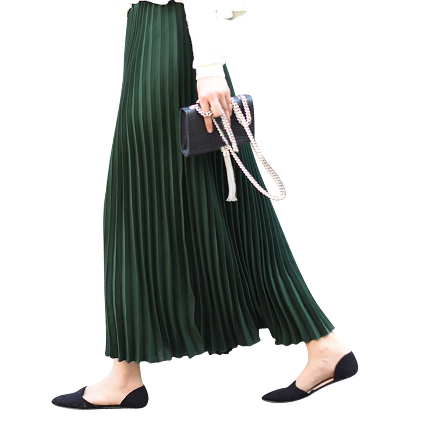 Damen Mädchen Plisseerock in Maxilänge Plissee-Maxirock Elastische Chiffon Langer Faltenrock Elastischer Bund für Frühling Sommer Herbst Rocklänge 90cm Einfarbig