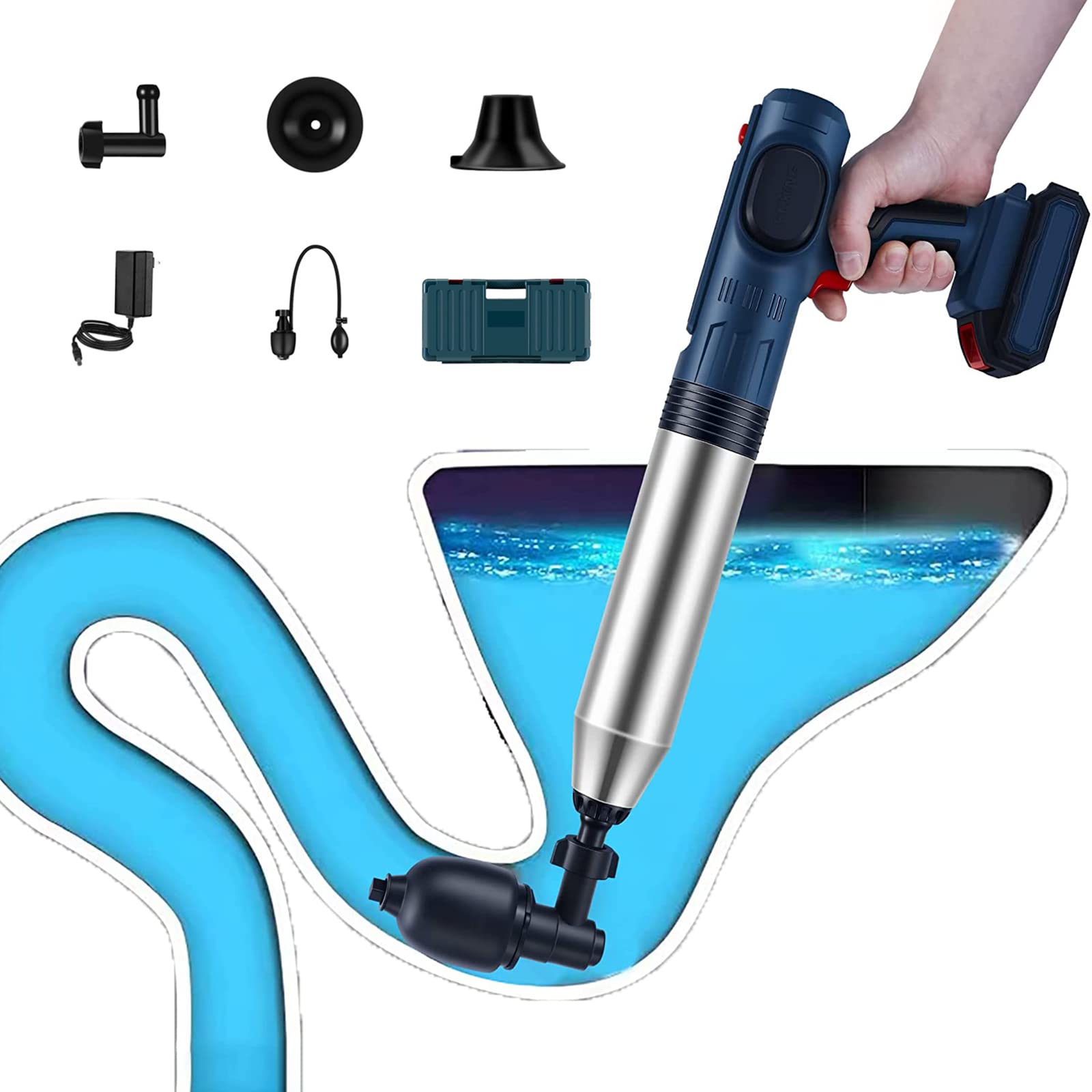 SRHIMEOS Sturalavandino Ad Aria Compressa, Stantuffo per WC Elettriche, Rimuove Efficacemente L'ostruzione E Il Grasso da Servizi Igienici, Cucine, Scarichi a Pavimento (Blu)
