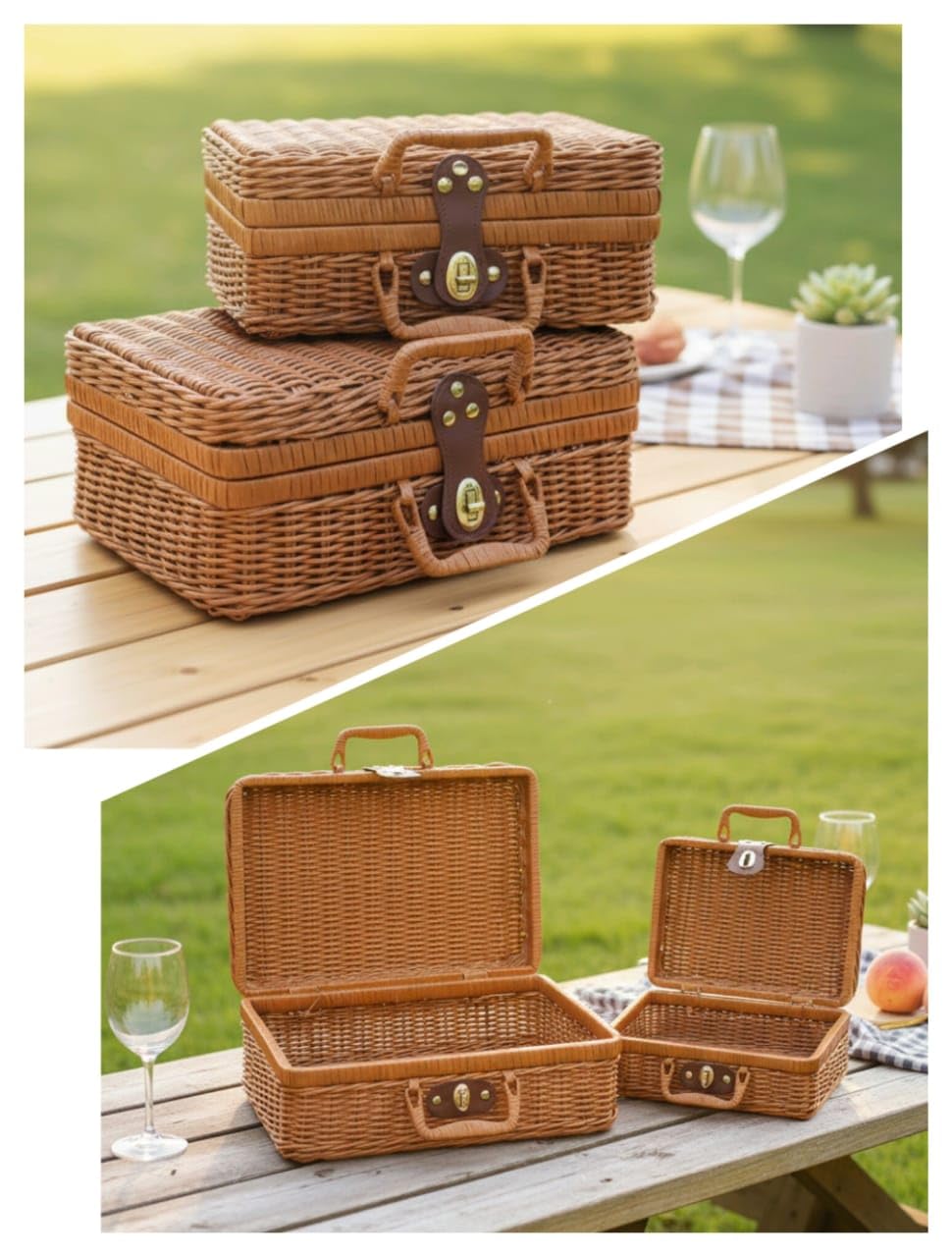 Premium Wicker Picnic Basket Set for 2 | Vintage Style Woven Hamper with Latch | Decorative Storage Suitcases for Travel & Outdoors-image-2
