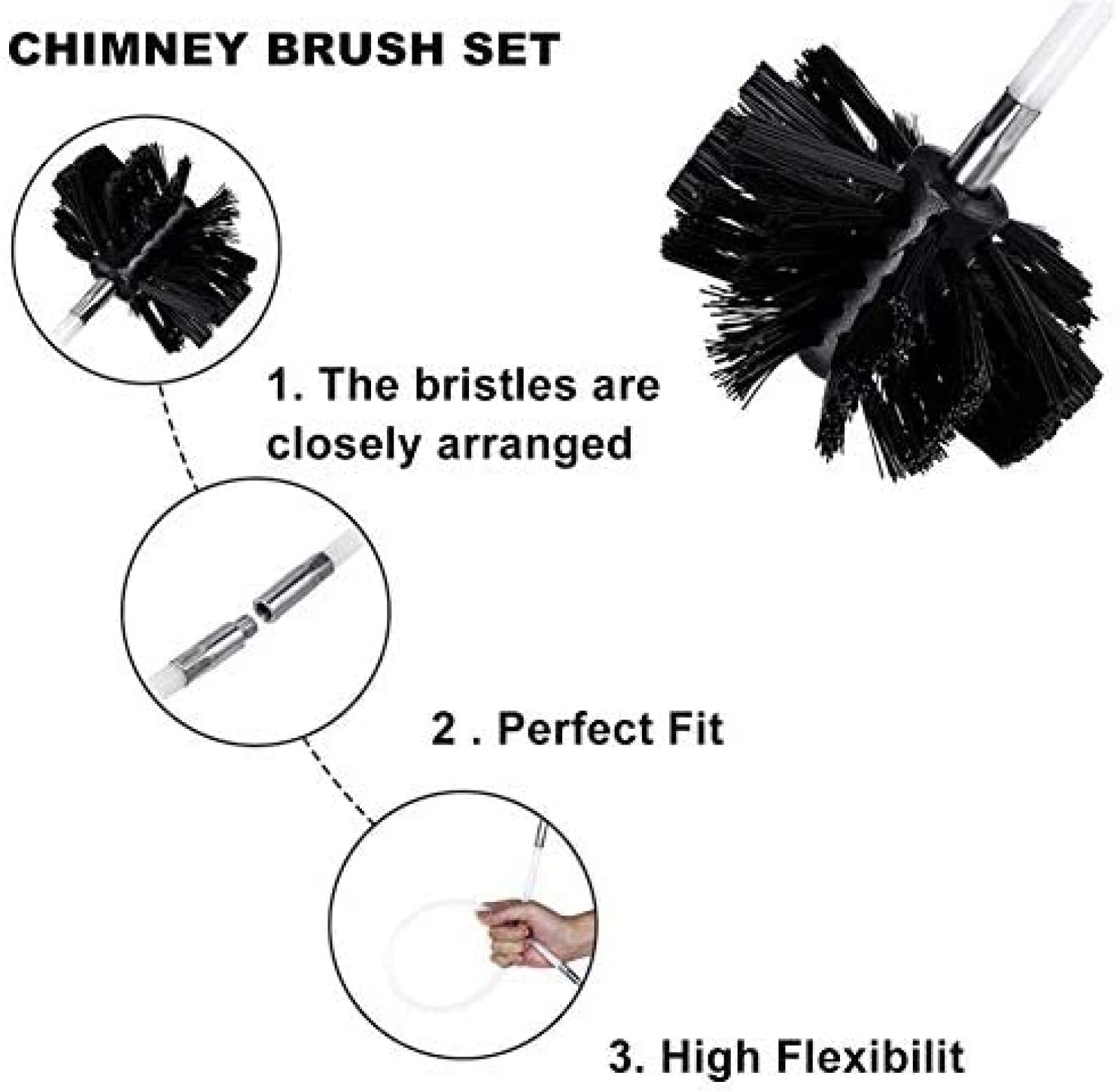 Kit sistema di pulizia camino rotante, kit spazzacamino, aste flessibili 9/18 da 410 mm, aste spazzacamino facile collegamento spazzola per camino per pulizia canna fumaria conduttura di drenaggio d