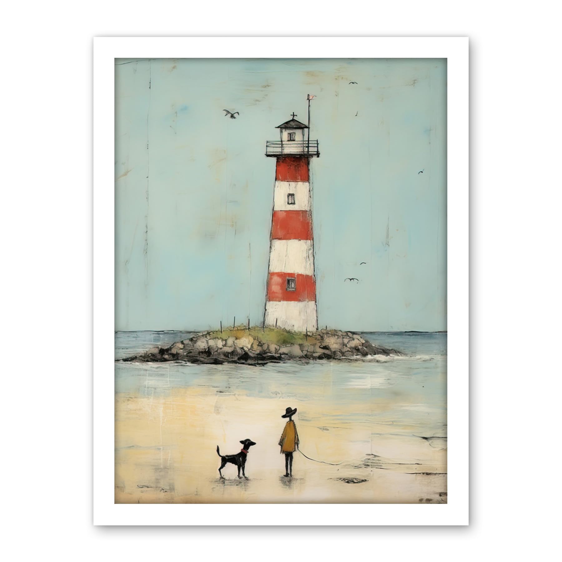 Artery8 Lighthouse Pastel Colour Painting Bathroom Artwork Red Blue Ochre Boy and Pet Dog Beach Walk Artwork Framed Wall Art Print 18X24 Inch