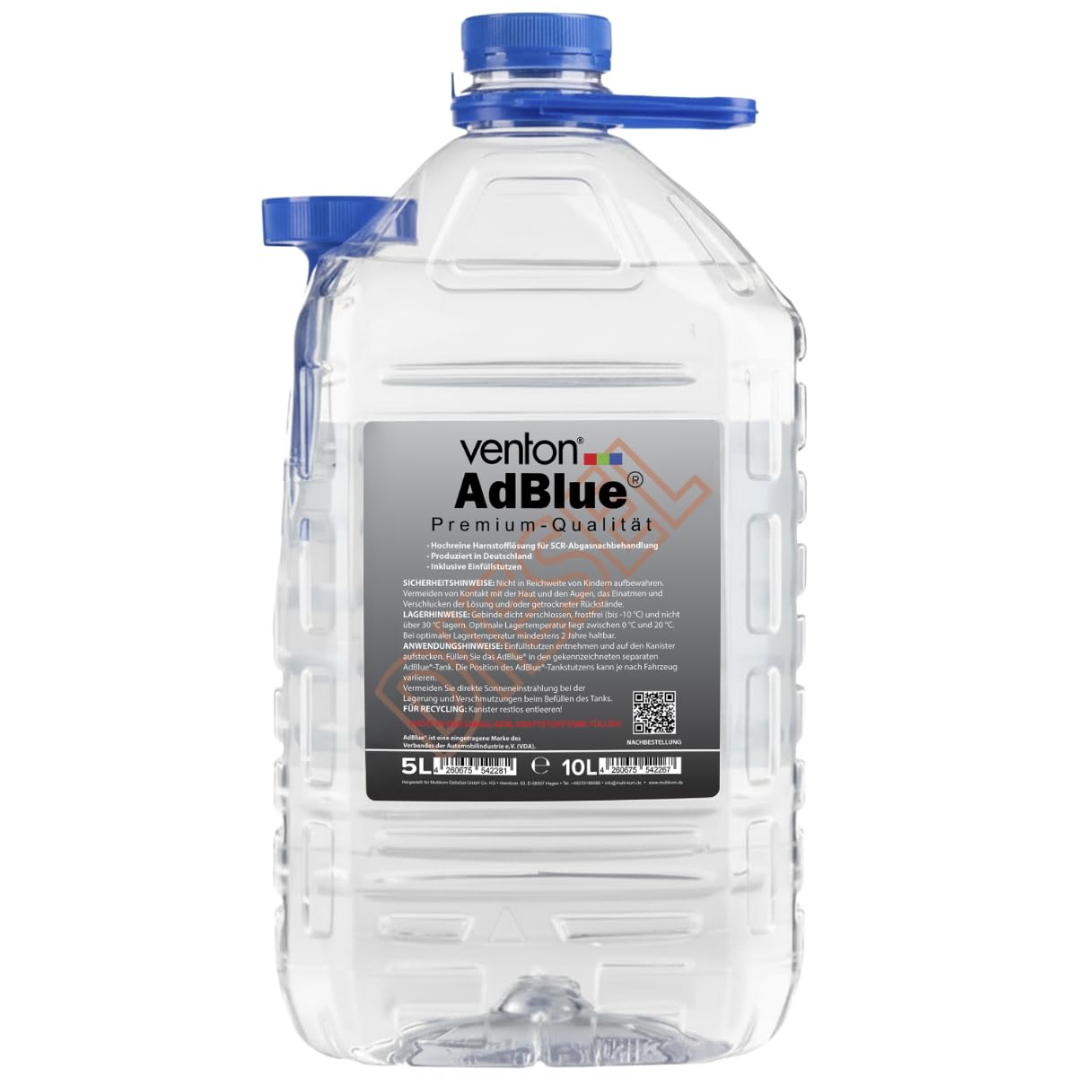 Zestaw 5 l: Venton 5 l Adblue + ściereczka z mikrofibry + 2 x rękawice + lejek, 5 litrów Ad Blue [Made in Germany] dodatek do silnika diesla, roztwór mocznika, kanister 5 l, dodatek do oleju