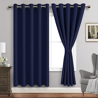 JIUZHEN Navy Blue Blackout Curtains with Tiebacks Thermal Insulated, Light Blocking and Noise Reducing Grommet Curtains for Bedroom and Living Room, Set of 2 Window Curtain Panels, 60 x 72 Inch Length - Buy now
