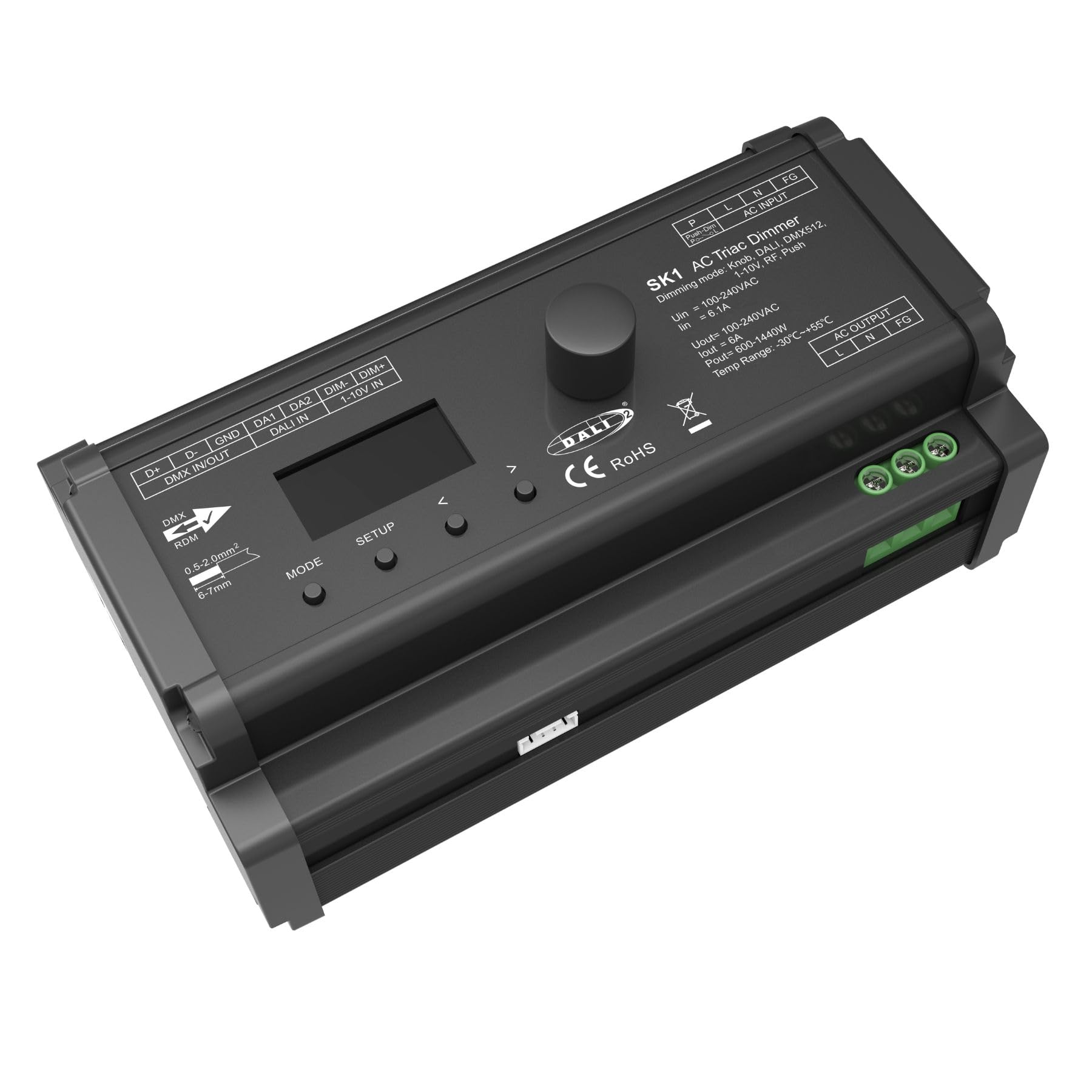 AC Triac ściemniacz DALI-2 DMX512 1-10 V RF przycisk (5 w 1), 6A 220 V 110 V, do ściemnianych lamp LED, cięcia fazowego, sterownika triaku, halogenu i świecenia, Max 1440W, RDM, szyna DIN, SK1