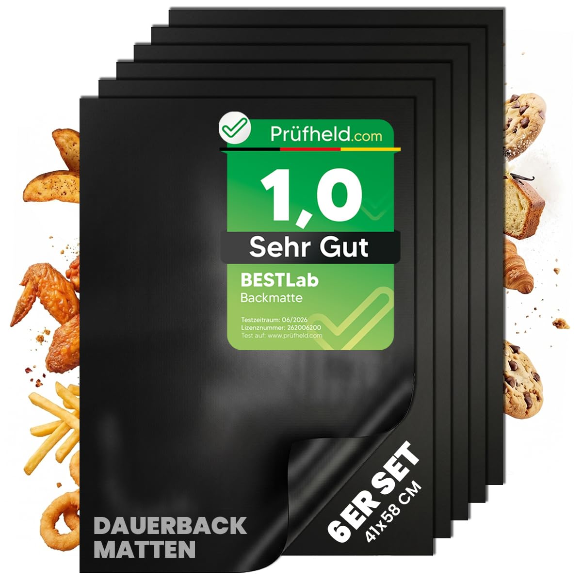 [Test molto buono, nota 1.0 *] Set di 6 tappetini da forno Bestlab per forno 41 x 58 cm, pellicola da forno in silicone come carta da forno e accessori da forno per airfryer, microonde, teglia da