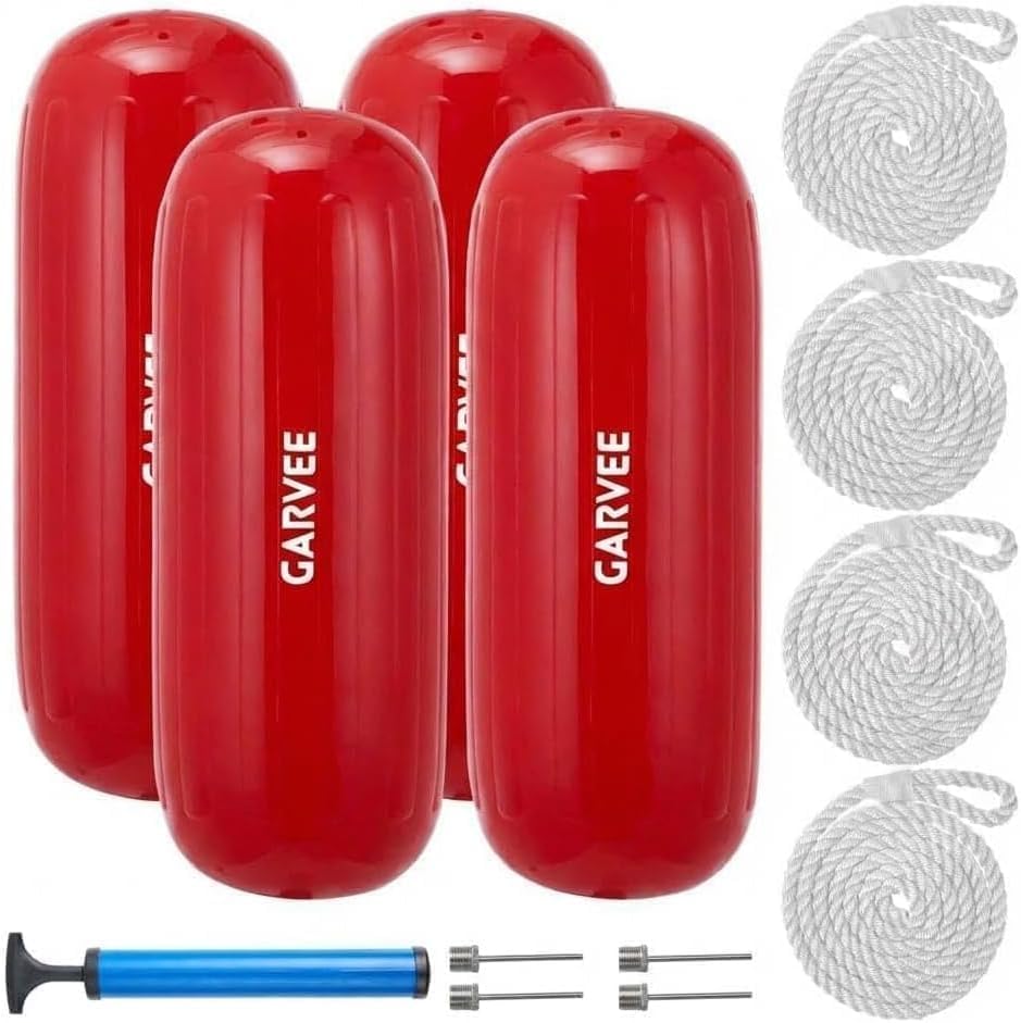 Crevyteg Heavy Duty Inflatable Boat Fenders 4 Pack, 10x28 Inch Red PVC Dock Bumpers, UV Resistant, Includes Ropes, Hand Pump, Storage Bag - Ideal for Pontoon, Sailboat, Yacht, Fits 30-40ft Boats
