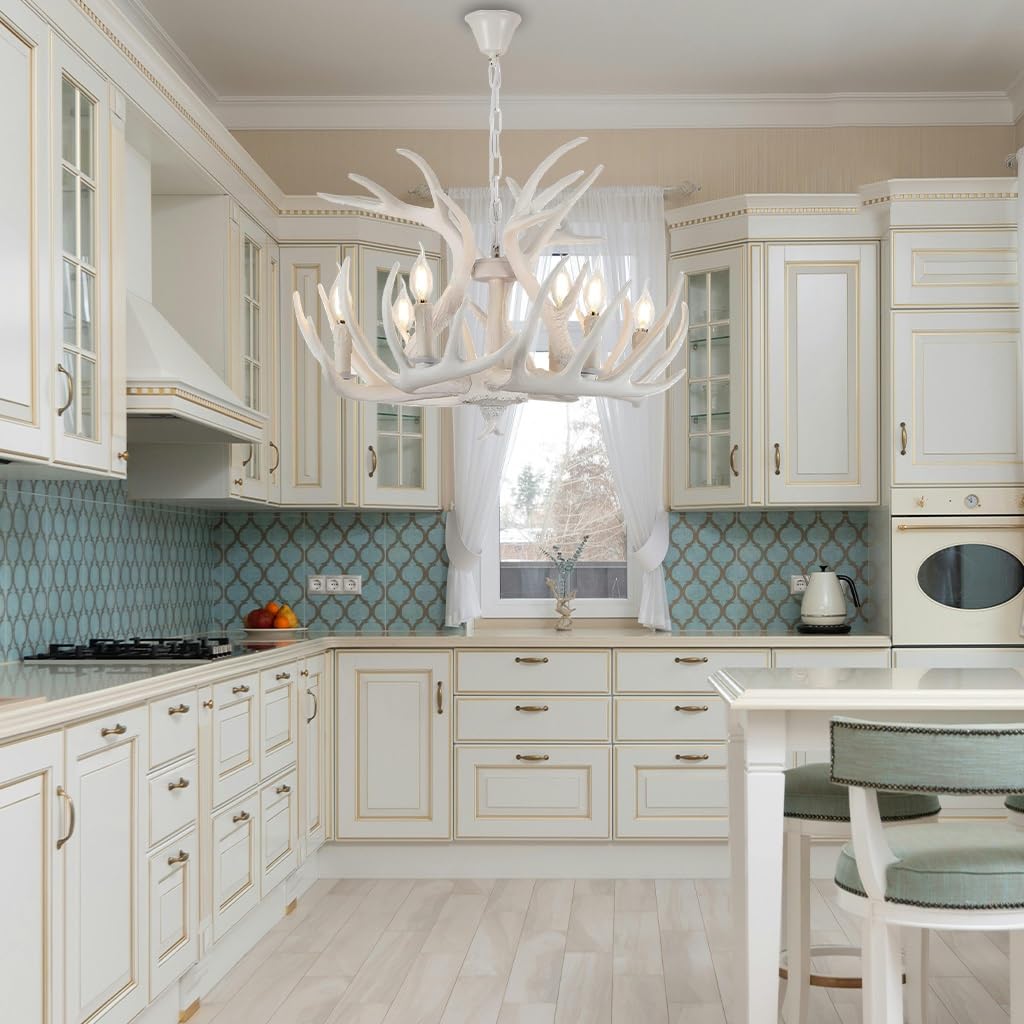 Ruirfh White Retro Indoor Chandelier Resin Antler Height Adjustable E14 Pendant Light Restaurant Decoration Country Cottage Living Room Bedroom Bar Cafe Antique Antler Hanging Ceiling Lamp(Color:white)