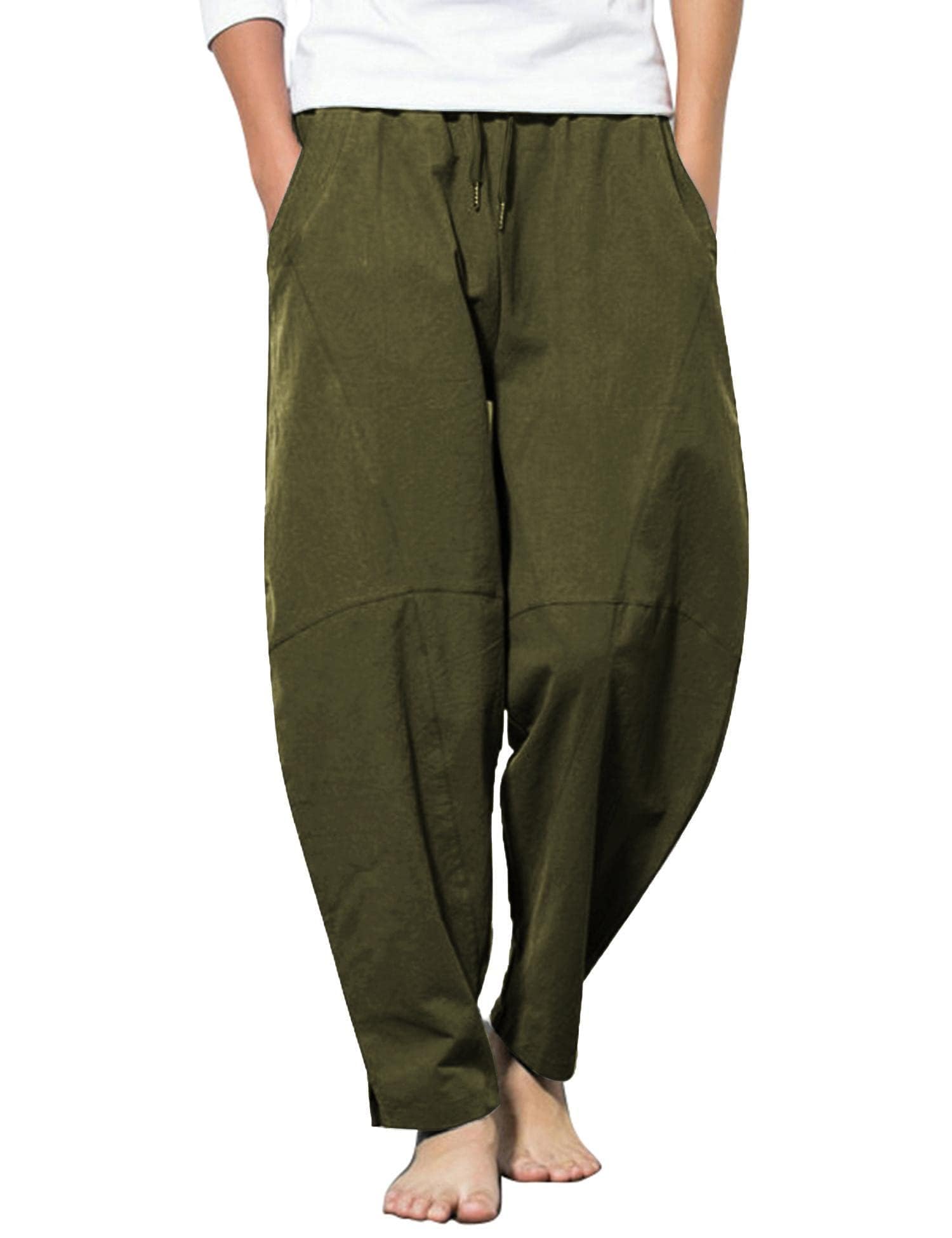 COOFANDY Men's Linen Trousers, Long Loose Fit Summer Trousers, Lightweight Casual Trousers, Holiday Beach Trousers, Yoga Trousers, Harem Trousers, Hippie Long Trousers