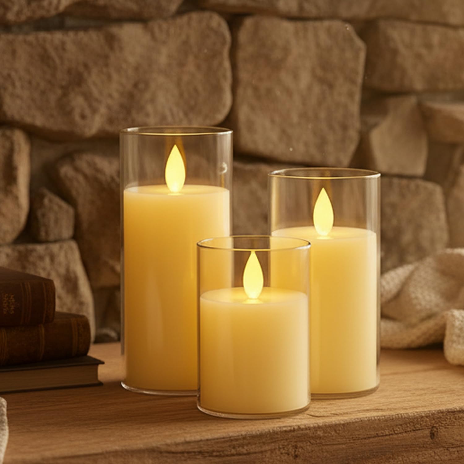 coku Set of 3 Flameless LED Pillar Candles with Acrylic Glass Holders, Realistic Flickering Moving Flame, Battery Operated, Smokeless Safe Decorative Candles Gift for Home, Wedding, Diwali, Christmas-image-43