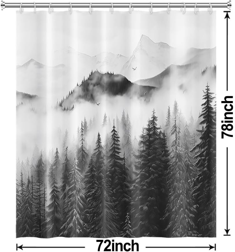 Mountain Shower Curtain, Abstract Grey Misty Forest Shower Curtain Set Waterproof Nature Scenery Gray Bathroom Decor with Hooks, 72x78 Inch
