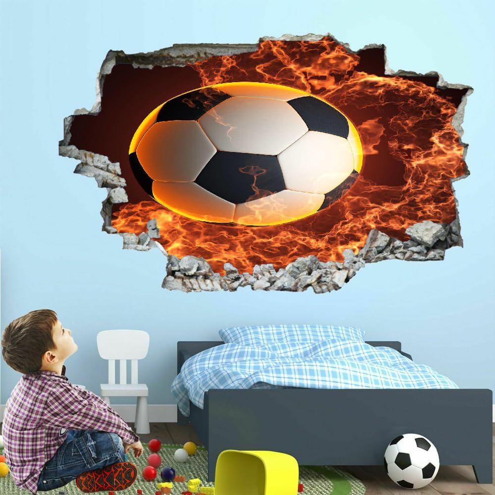 Decalcomanie Da Muro 3D Smashed Art Decor Calcio Tatuaggi Da Parete Wall Stickers Fiamma Rossa Per Ragazze Bambini Adesivo Murale Regalo Per La Casa 120x80cm