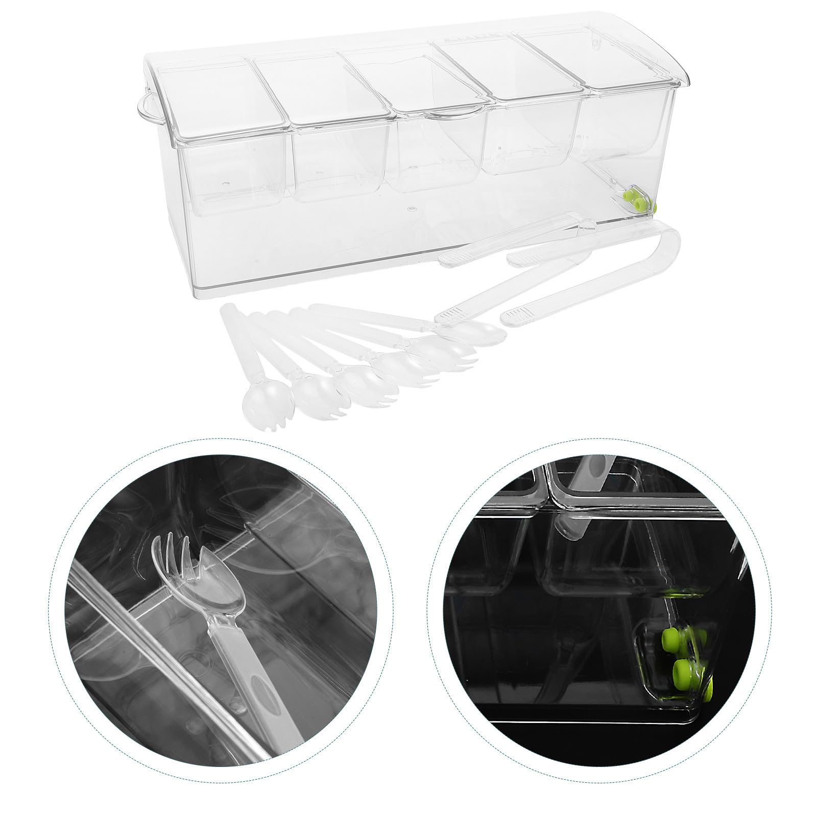 SOLUSTRE Plateau à Condiments Réfrigéré Set 1 Pièce avec Couvercle 5 Compartiments en PET Facile à Nettoyer avec Pinces et Cuillères pour Buffet Froid et Bar
