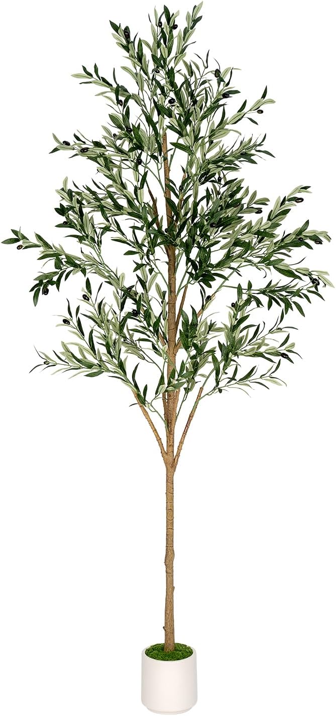 Artificial Olive Tree - Tall Indoor Faux Olive Tree with Planter & Basket, Realistic Fake Olive Tree with Fruits for Home Office Decor Living Room (7ft)