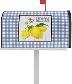 Mailbox Cover Magnetic Summer Lemon Flower Mailbox Covers Standard Size 21x18in,Mailbox Covers Wrap Post Letter Box Cover for Garden Yard Outdoor Decor Wood Grain Blue Check