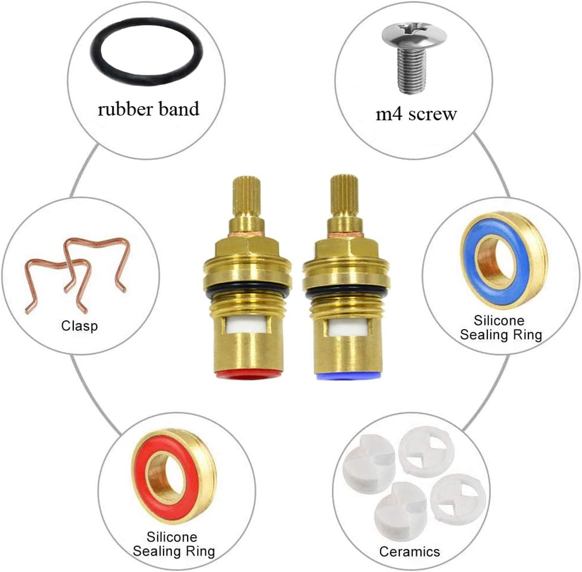 Huashan Replacement Brass Ceramic Disc Stem Cartridge Faucet Valve Quarter Turn 1/2" X 53mm x 12mm spline length 20 teeth(PAIR Hot & Cold) - Image 5