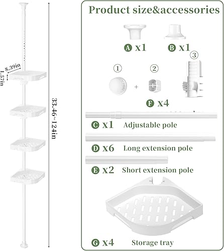 Miniatura 2 de Organizador de ducha con poste de tensión con 4 niveles en forma de L, estantes esquineros de baño resistentes a la oxidación con 34-124 pulgadas