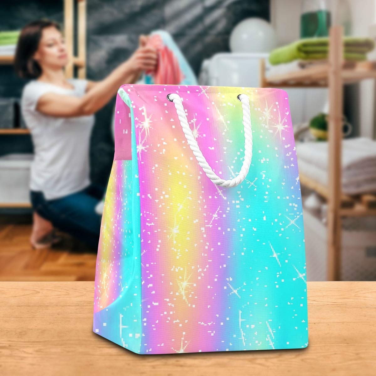 Großer Wäschesack mit holografischem Regenbogen-Einhorn, freistehend, faltbar, mit Tragegriffen