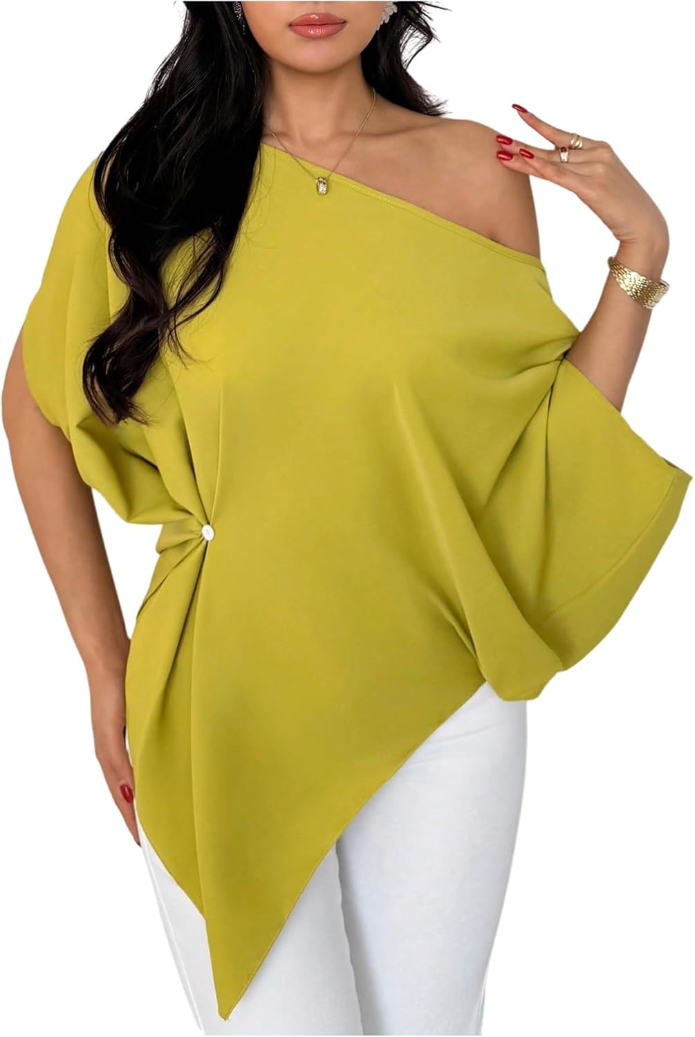 SHENHE Women's Off Shoulder Dolman Sleeve Blouses Casual Asymmetrical Hem Loose Flowy Tops