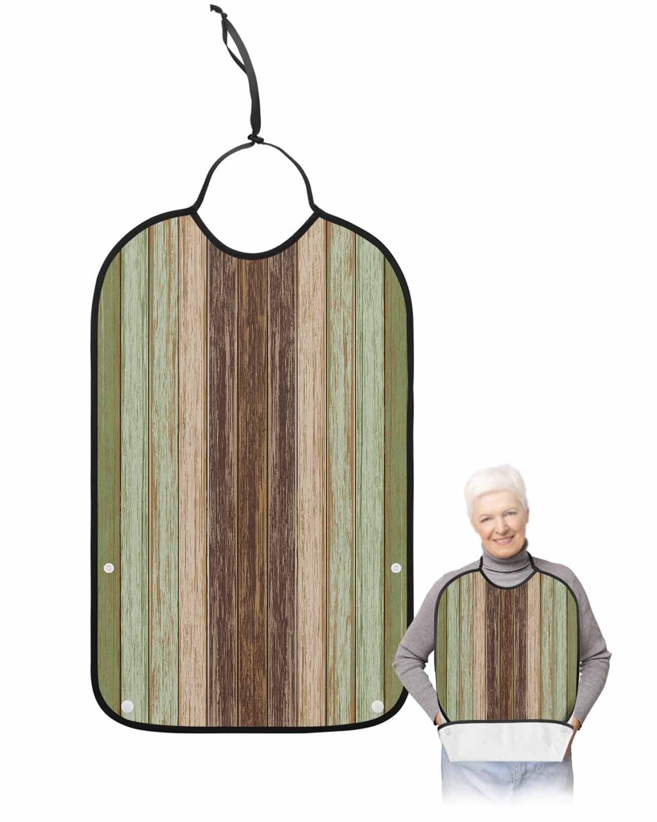 LEOKOTI Farmhouse Sage Green Brown Adult Bibs for Eating, Waterproof Bibs with Food Catcher & Adjustable Snap Closure, Vintage Country Wooden Washable Clothing Protectors Adult Bibs for Elderly