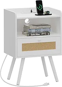 SUPERJARE Nightstand with Charging Station & Rattan-Like Decor Drawer, Rattan End Table with Solid Wood Feet, Bed Side Table with Open Storage, for Bedroom, Living Room, Dormitory - White