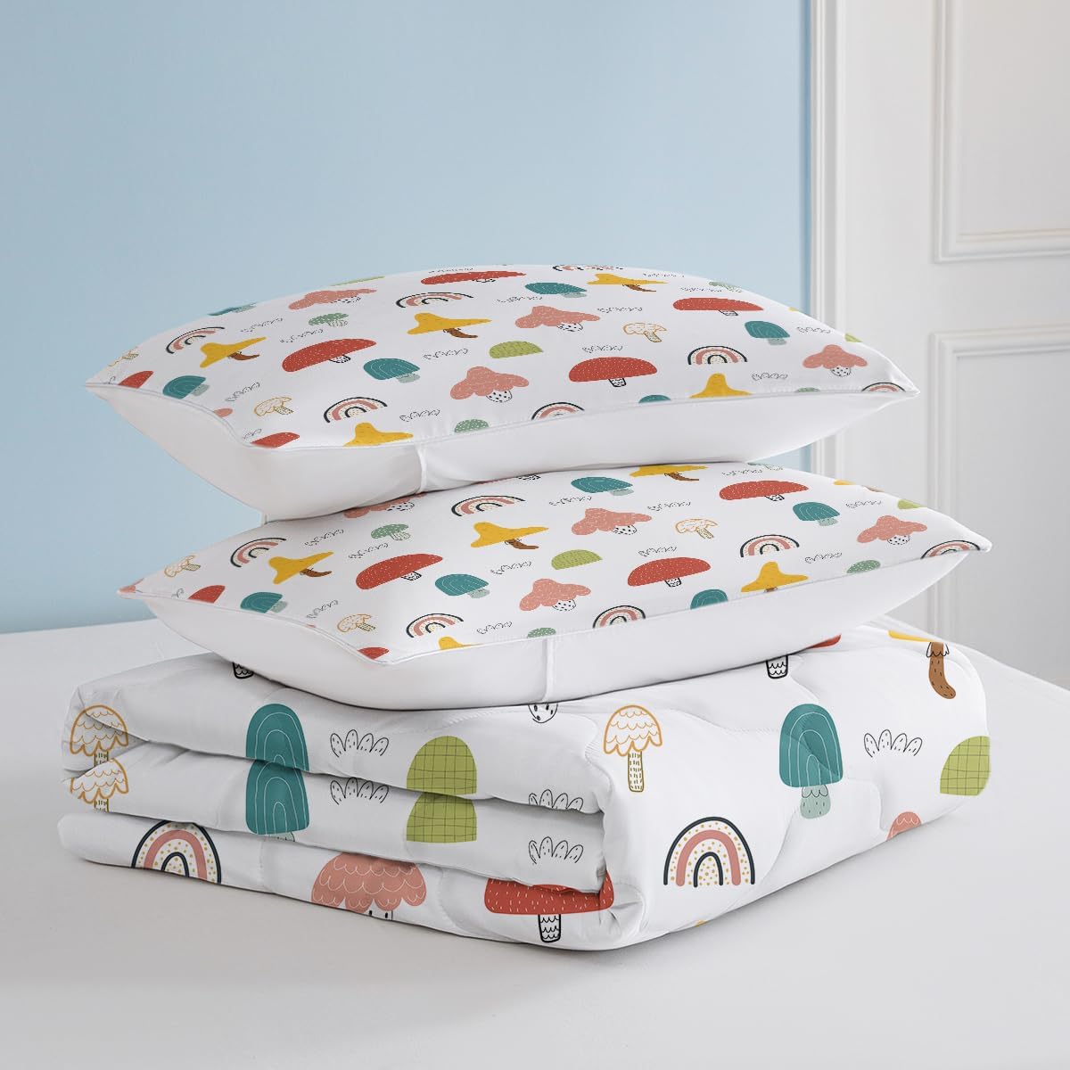 SOULZZZ Girls Rainbow Mushroom Comforter Colorful Trippy Cartoon Mushroom Bed Set Twin Size for Kids Boys Teens Wild Garden Plant Rainbow Kawaii Bedding Set with 2 Pillowcases
