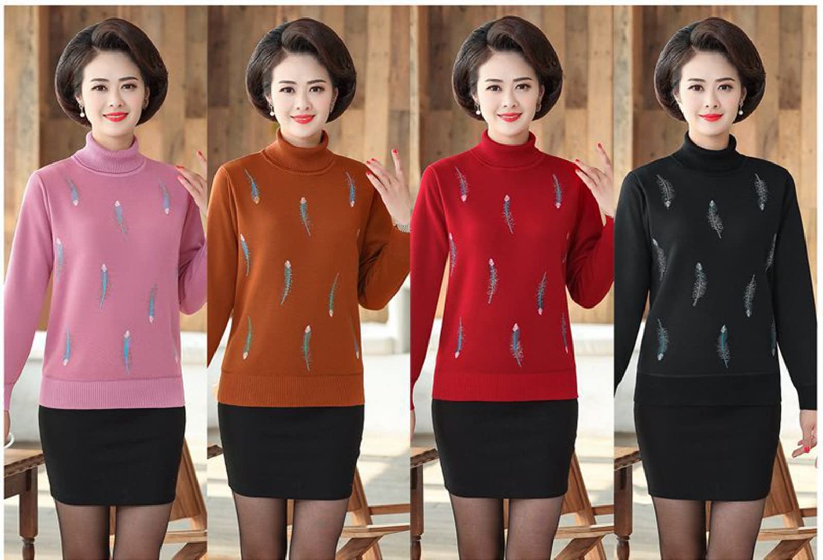 Suéter De Invierno para Mujer - Moda Damas De Mediana Edad Más Suéter Grueso De Terciopelo Otoño E Invierno Tejido Cálido Moda Marrón Estampado De Plumas Madre Suelta Jersey De Cuello Alto Re
