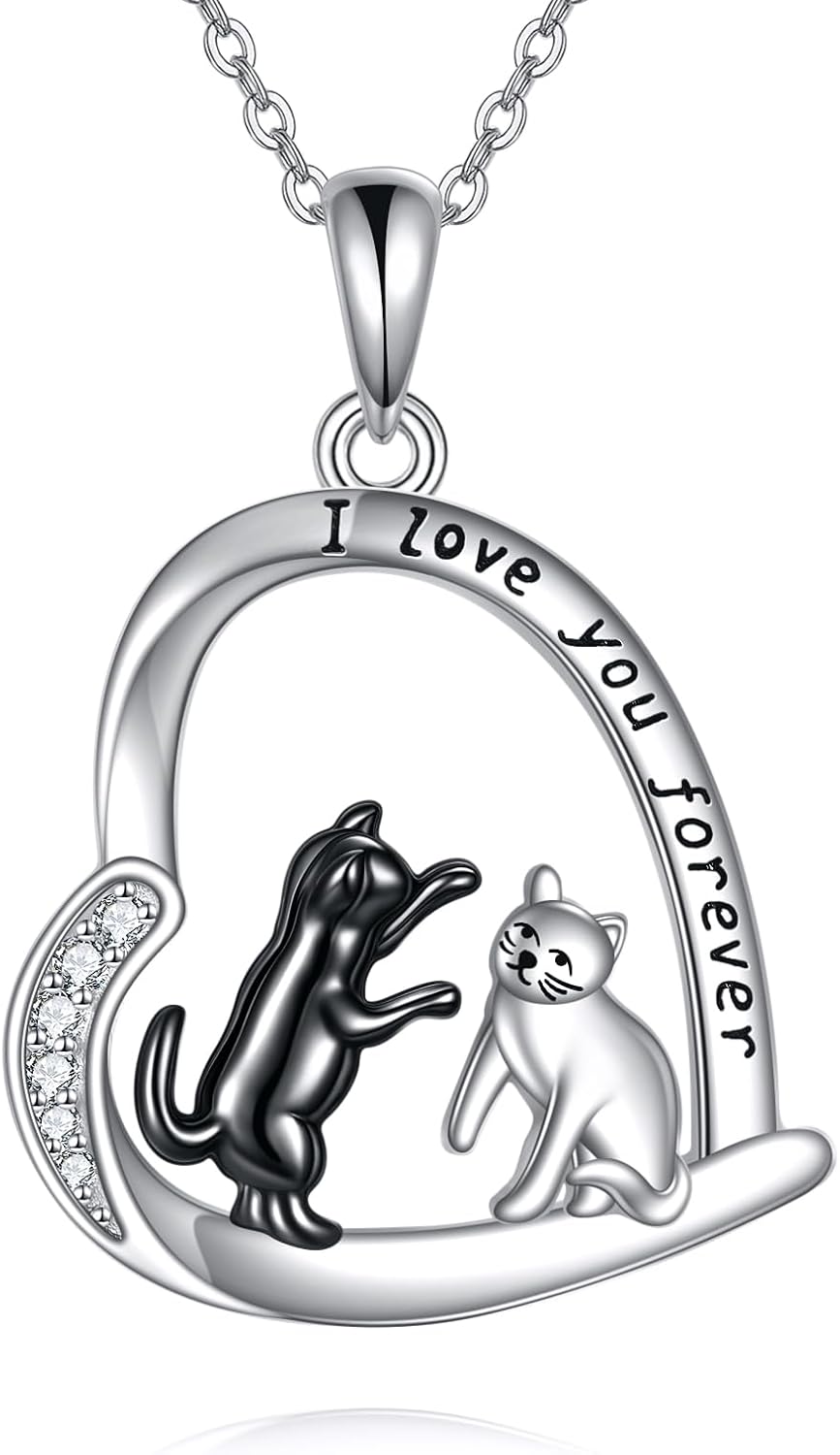 TIGER RIDER VONALA Cat Necklace 925 Sterling Silver Animal Heart Pendant Black White Two Cat Jewelry for Women