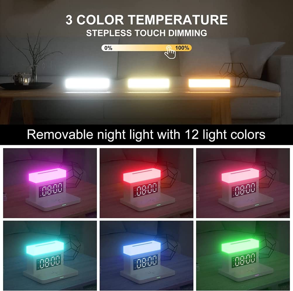 6 in 1 kabellose Ladestation mit LED Nachtlicht Digital Wecker 18W Schnellladung Kompatibel für