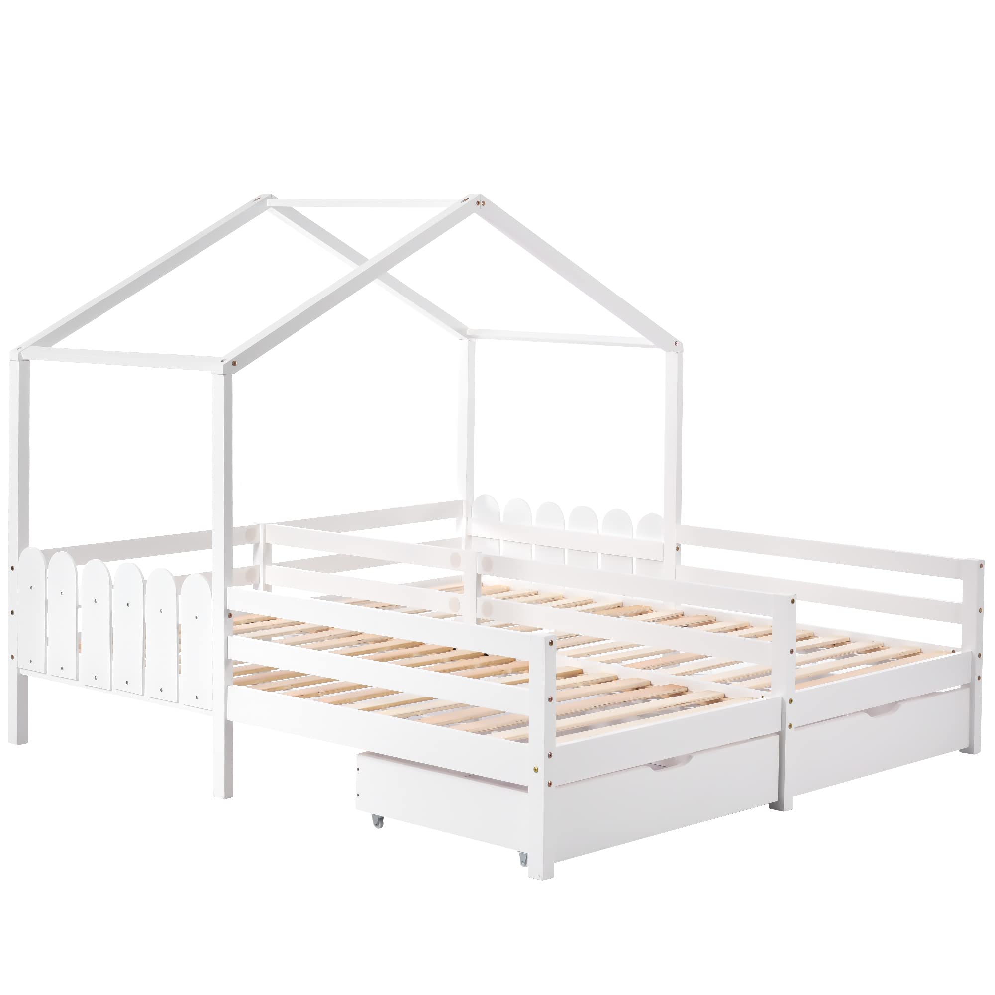 Cama doble, cama infantil, 200 x 90 cm, cuna con 2 cajones de MDF, cajones con ruedas, somier de láminas de pino, color blanco
