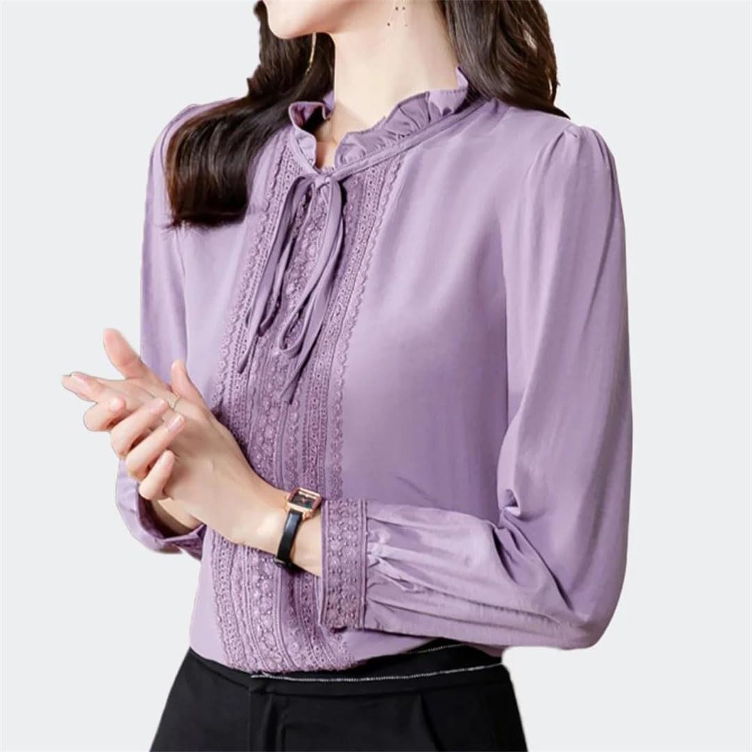 Camisas de seda de encaje para mujer, blusas de manga larga con borde de hongos, cuello de lazo, para oficina