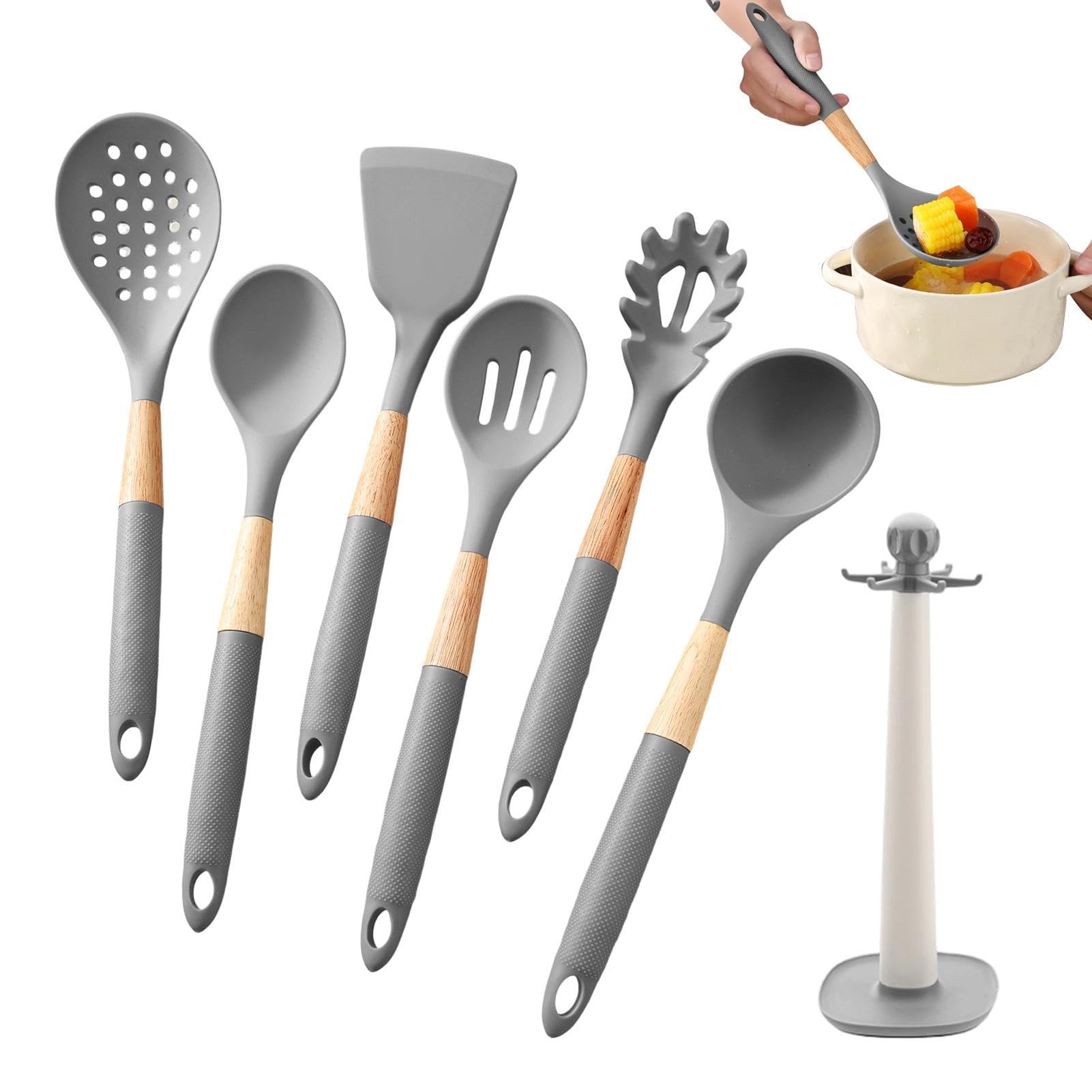Set di Utensili da Cucina in Silicone 7 Pezzi in Materiale Alimentare con | Cucchiaio da Cucina, Mestolo per Zuppa, Spatola per Pentole Antiaderenti, Raschiare, Cuocere al Forno,