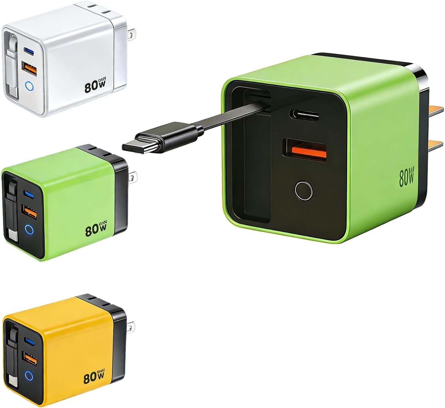 Retractable USB C Charger, Scalable 80 watt Phone Charger, Retractable wall Charger, 3 in 1 Retractable Charger for iPhone 17 Pro Max/16/15, Galaxy S25, Pixel, Laptops (Green Black, 10)