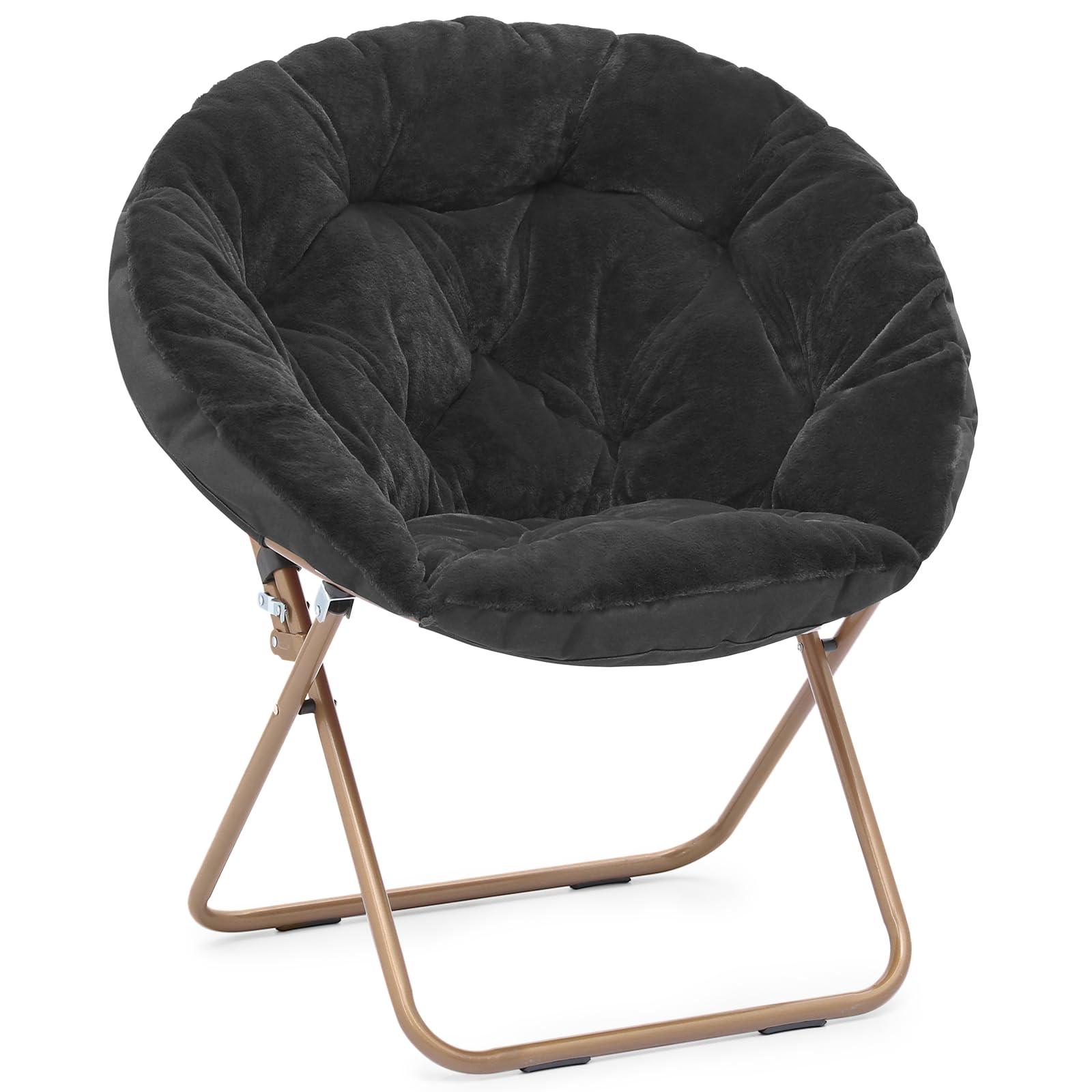 MoNiBloom Round Folding Faux Fur Saucer Chair for Bedroom Living Room Dorm Garden Courtyard Foldable Metal Frame Oversized Large Comfy Furry Padded Soft Lounge Lazy Cozy Moon Chair for Adults (Black)