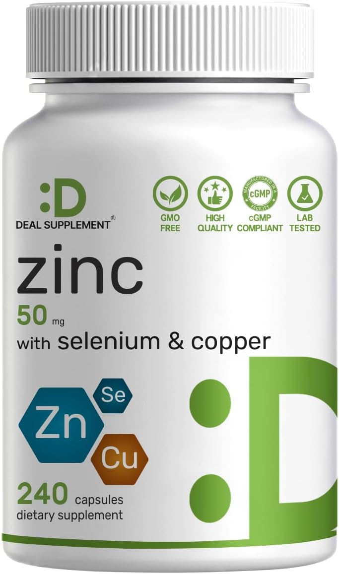 Zinc 50mg with Selenium + Copper, 240 Capsules, 8 Month Supply, 3 in 1 Mineral Formula, Zinc Picolinate Complex Supplement, Supports Healthy Immune System for Adults and Kids