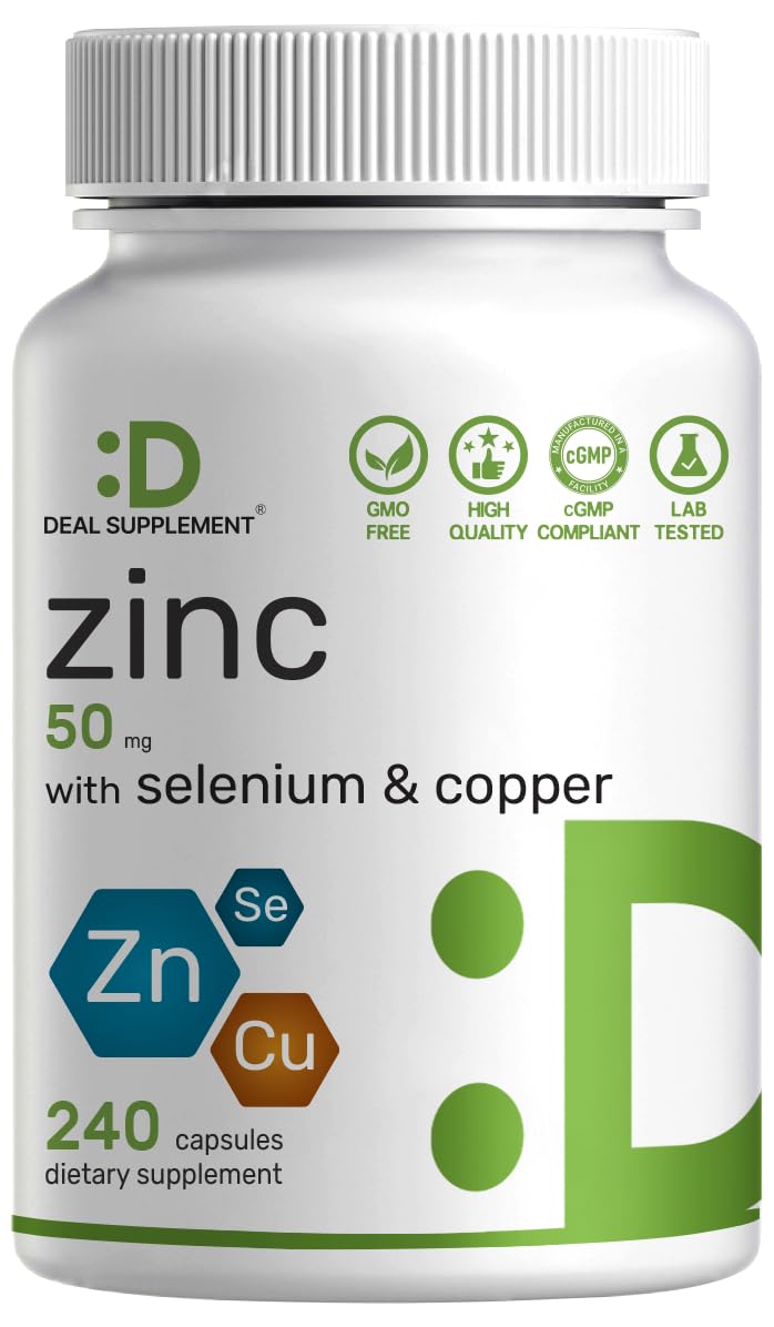 Zinc 50mg with Selenium 200mcg + Copper, 240 Capsules, 8 Month Supply, 3 in 1 Mineral Formula, Zinc Picolinate Complex Supplement, Supports Healthy Immune System for Adults and Kid