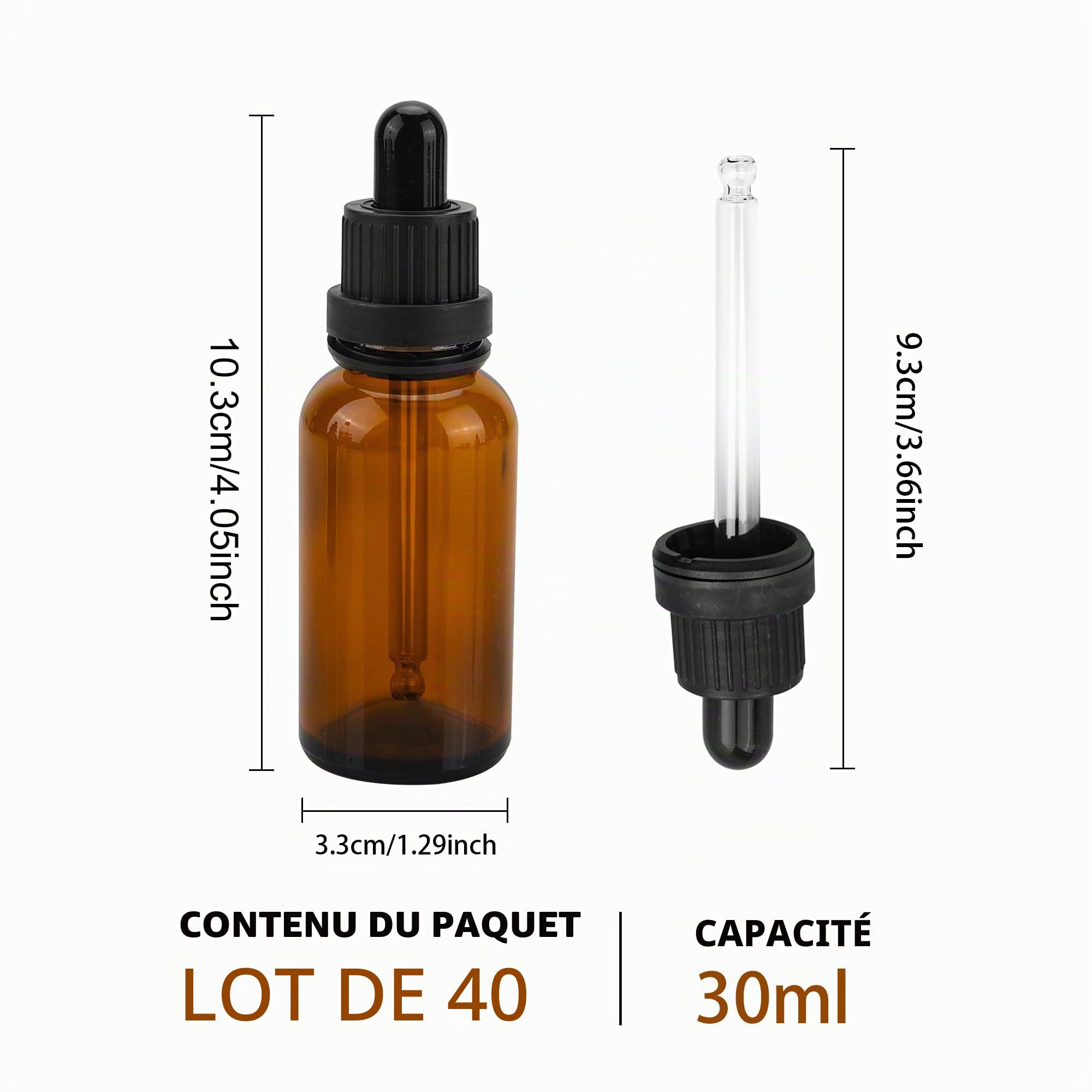 Lot de 40 flacons compte-gouttes en verre ambré rechargeables, 30 ml avec pipette pour huiles essentielles, parfums, mélanges