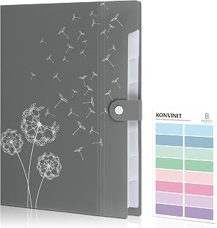KONVINIT Document Folder A4 Document Bag, 8 Compartment Compartment A4, Folder with Compartments, Folder, Document Folder, Plastic Folder, Sturdy and Waterproof Folder with Motif, Grey