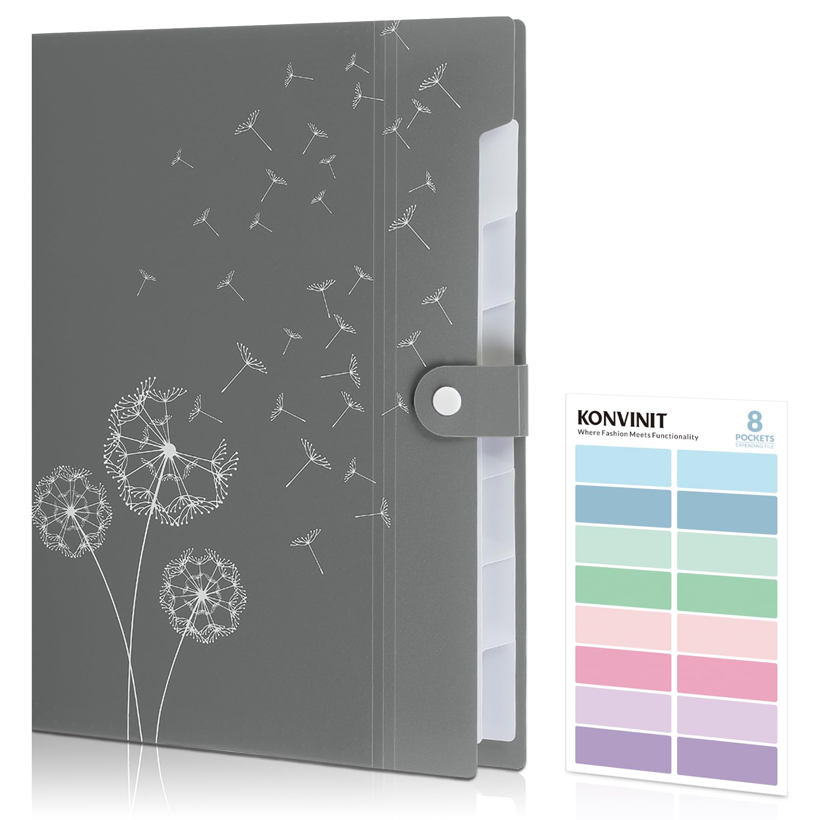 KONVINIT Document Folder A4 Expandable Expanding Folder A4 Folder with 5 Pockets Folder System Document Folder with Colourful Labels Folder Organiser for Office Home School Documents, Grey